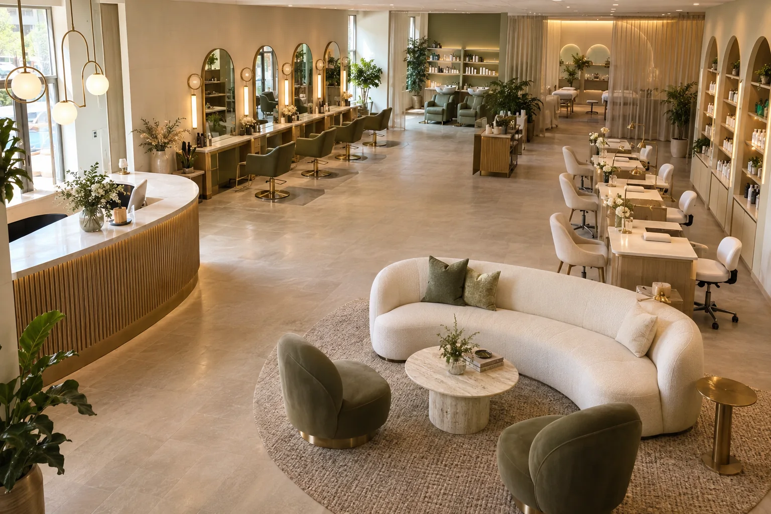 Salon studio layout with dedicated hair, nail and beauty areas